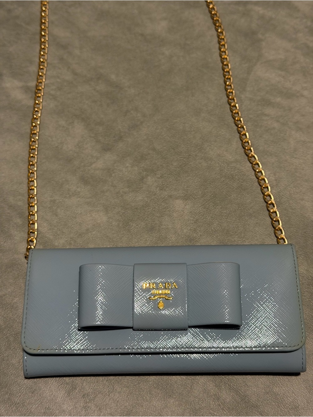 Prada Powder Blue Saffiano Bow Continental Wallet Free CoA and unbranded chain